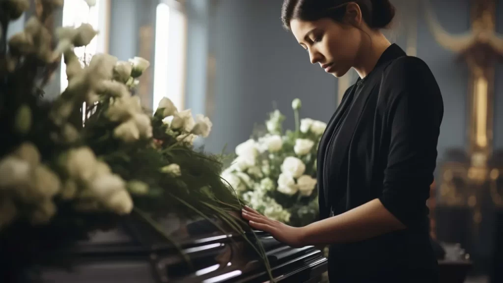 Mulher em momento de despedida ao lado do caixão, rodeado por flores brancas, representando a importância da ornamentação no velório para criar um ambiente acolhedor e respeitoso.