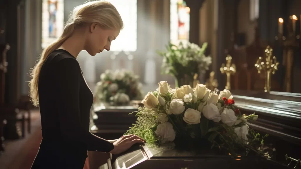 Mulher em luto inclinada sobre um caixão decorado com arranjo de flores brancas, ilustrando a importância da ornamentação no velório para criar um ambiente sereno e respeitoso.
