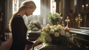 Mulher em luto inclinada sobre um caixão decorado com arranjo de flores brancas, ilustrando a importância da ornamentação no velório para criar um ambiente sereno e respeitoso.
