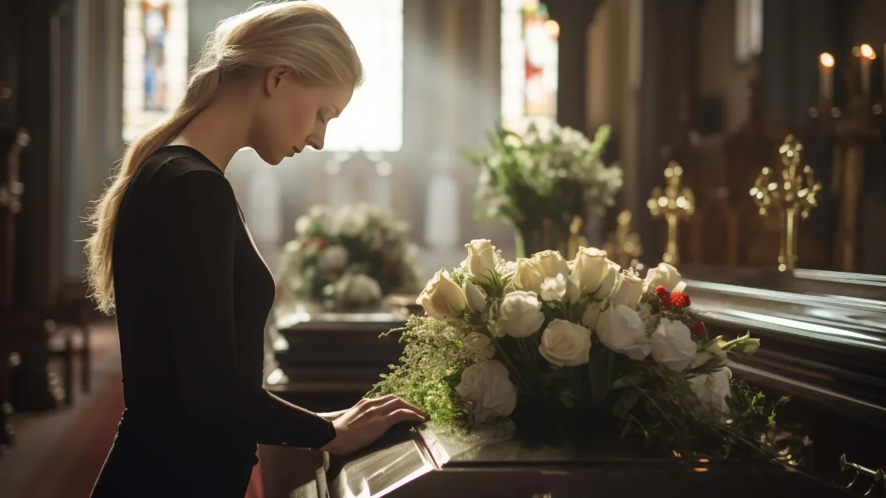Mulher em luto inclinada sobre um caixão decorado com arranjo de flores brancas, ilustrando a importância da ornamentação no velório para criar um ambiente sereno e respeitoso.
